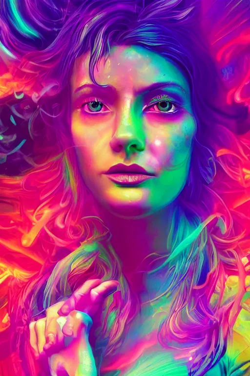 Image similar to a beautiful woman engulfed in colorful liquid clouds and neon smoke, extremely psychedelic experience, psilocybin, dmt, lsd, perfect face, synthwave, artstation, close - up, sharp focus, digital art, hana yata, and artem demura and beeple, lisa frank, cyberpunk, octane, unreal engine, 8 k