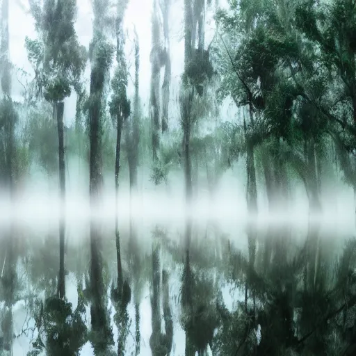 Image similar to artistic swamp with mystic fog, vegetation, few trees