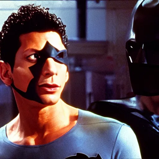 Image similar to young, muscular jeff goldblum as bruce wayne peeling back batman mask, wearing batman t shirt, film still