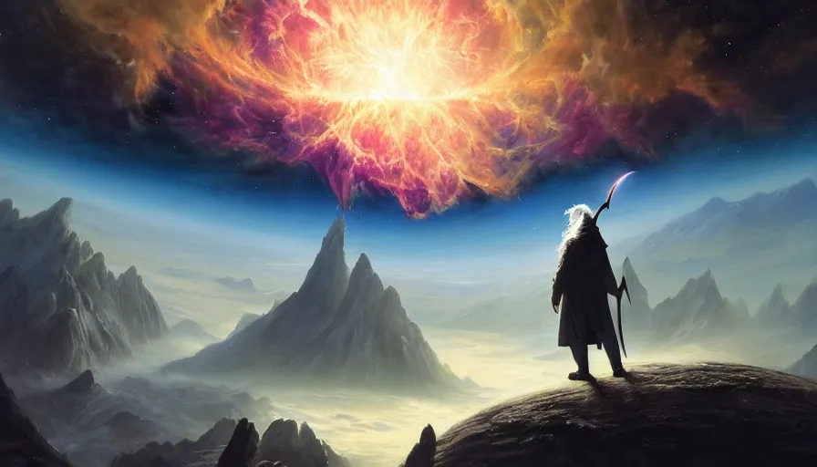 Prompt: a beautiful painting of gandalf watching the crab nebula above an alien world, ray traced lighting by jean kalin popov and greg rutkowski