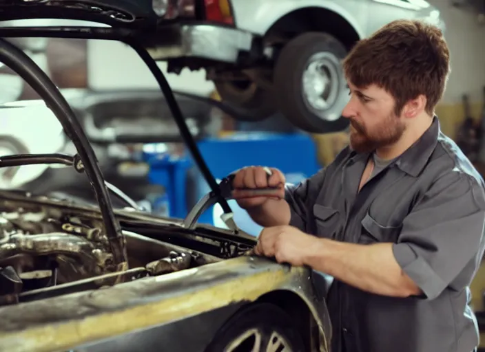 Image similar to film still of a hamster working as a mechanic in an auto shop, 8 k