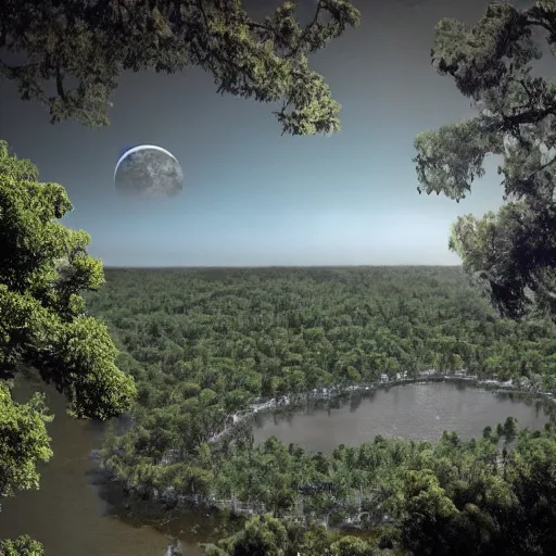 Image similar to a city on the moon with trees. river in the foreground. ocean in the background