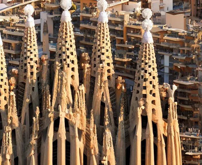 Image similar to 4 k hd, high detail photograph of la sagrada familia from the distance, shot with sigma f / 4. 2, 2 5 0 mm sharp lens, wide shot, volumetric lighting, high level texture render