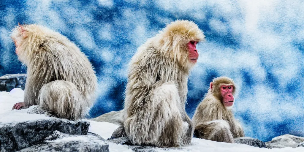 Prompt: scenic mountain setting, a family of snow monkeys gather at the natural spa to get warm, highly detailed, snow flurry, cold, steamy, desaturated blue, inquisitive, striking, contemplative, happy, content, warm, watercolor, dry brush