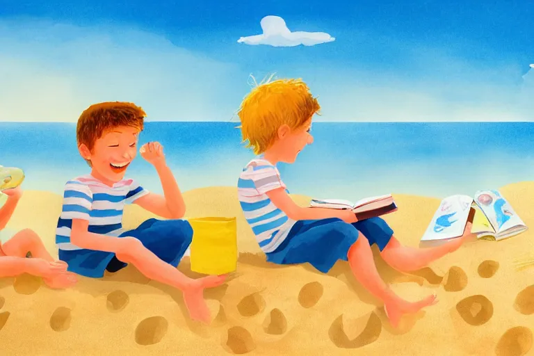 Image similar to Two happy children sitting on the beach making sandcastles, blue sky, children's book, HD, by Benji Davies