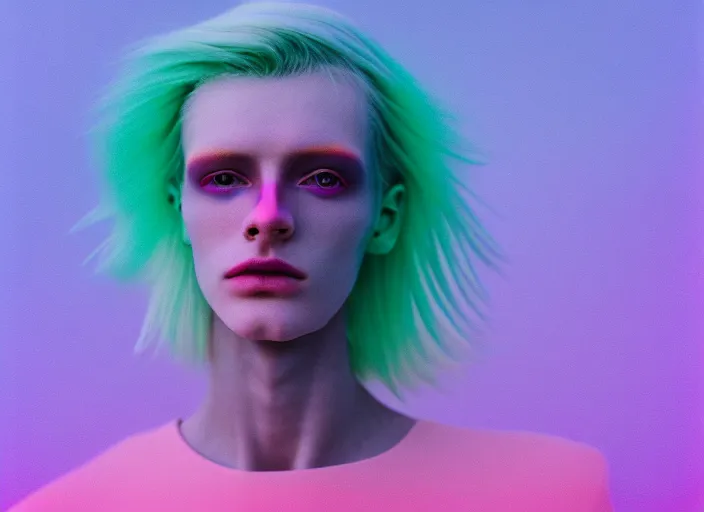 Image similar to high quality pastel coloured film close up selfie photograph of an androgynous cyber model standing in an icelandic black rock environment. three point light. photographic. art directed. pastel colours. volumetric light. pastel gradient overlay. waves glitch. 8 k. filmic.