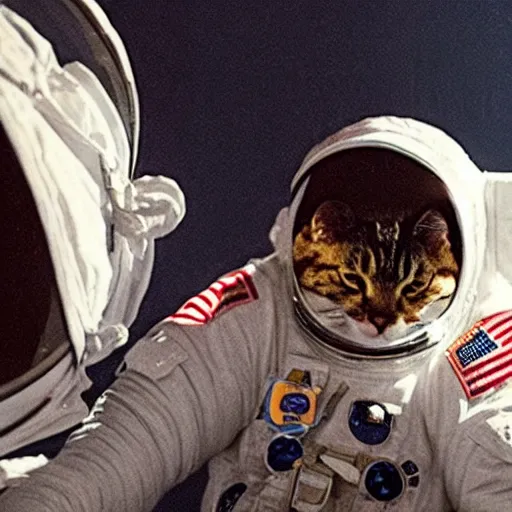 Image similar to a cat astronaut : 1 0 0 in space looking at the moon : 5 0