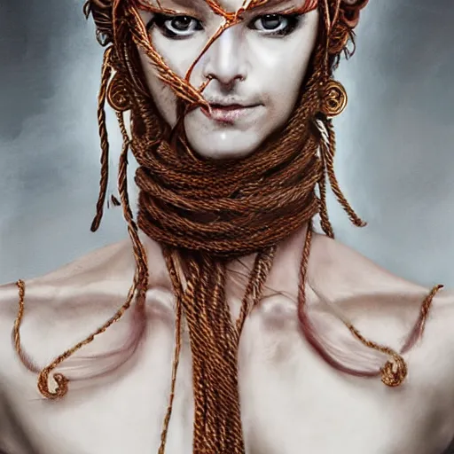 Image similar to portrait of a Shibari rope wrapped face and neck, headshot, insanely nice professional hair style, dramatic hair color, digital painting, of a old 17th century, old cyborg merchant, amber jewels, baroque, ornate clothing, scifi, realistic, hyperdetailed, chiaroscuro, concept art, art by Franz Hals and Jon Foster and Ayami Kojima and Amano and Karol Bak,