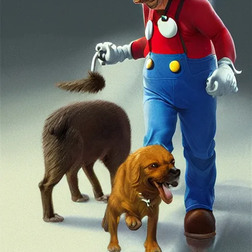 Image similar to john locke as mario walking a dog, plumbing jungle, detailed, centered, digital painting, artstation, concept art, donato giancola, joseph christian leyendecker, wlop, boris vallejo, breathtaking, 8 k resolution, extremely detailed, beautiful, establishing shot, artistic, hyperrealistic, beautiful face, octane render, cinematic lighting, dramatic lighting, masterpiece