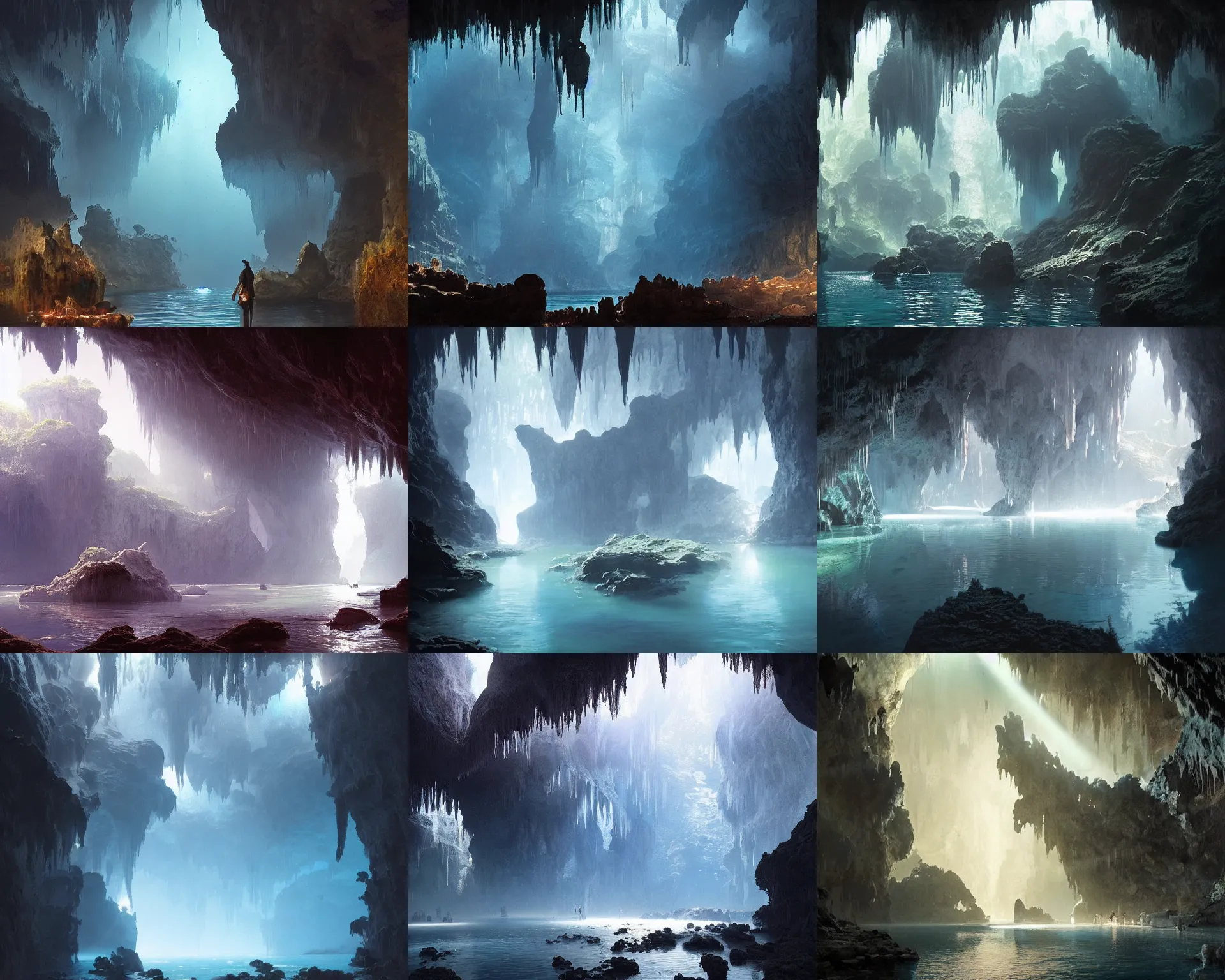 Prompt: beautiful huge cave with stalactites, stalagmites, underwater glittering river, volumetric light, by greg rutkowski