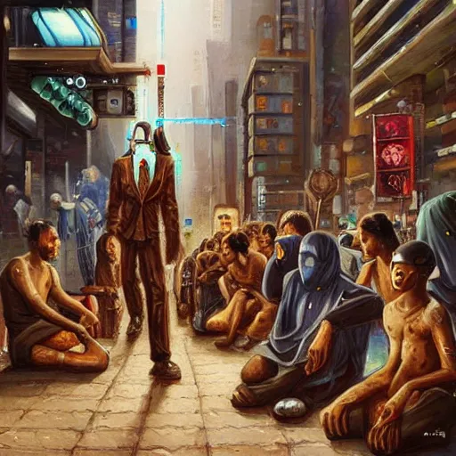 Image similar to beautiful detailed religious oil painting of a war between robotic cyborg Street kids and business people in suits, cyberpunk