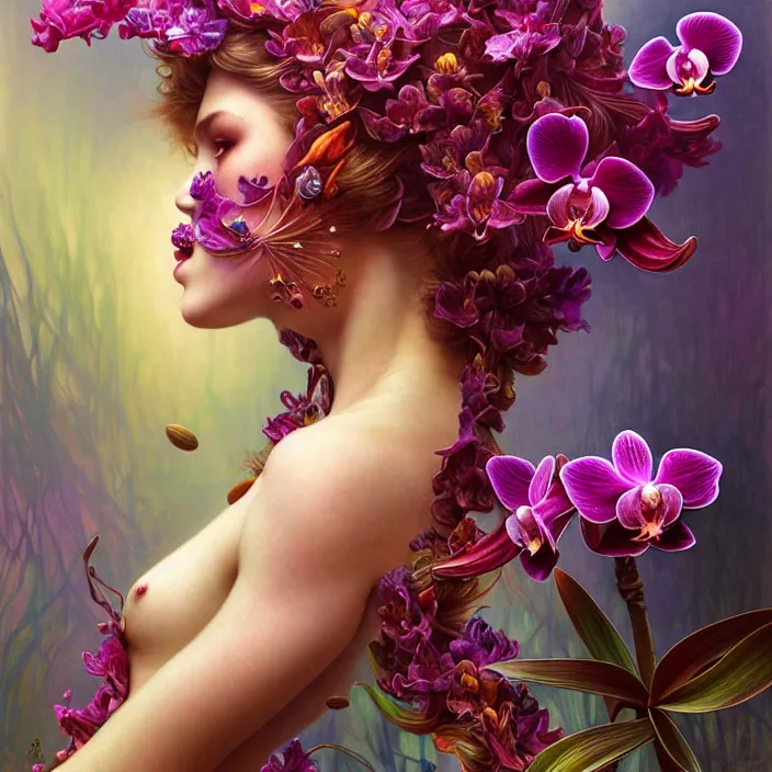 Prompt: psychedelic creature made of orchids, diffuse lighting, fantasy, intricate, elegant, highly detailed, lifelike, photorealistic, digital painting, artstation, illustration, concept art, smooth, sharp focus, art by John Collier and Albert Aublet and Krenz Cushart and Artem Demura and Alphonse Mucha