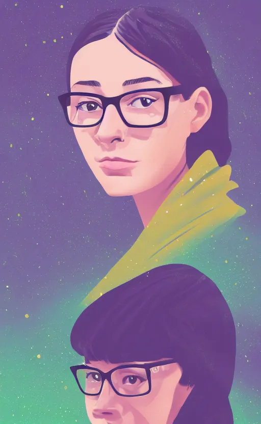 Prompt: a digital art illustrated portrait of a jaded 2 2 - year old gen z female student wearing thin gold - rimmed reading glasses in the style of paul lehr