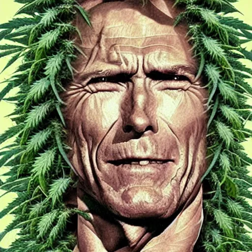 Image similar to portrait of clint eastwood made of plants, only cannabis, weed + + + + + + + + + + + + + + + +