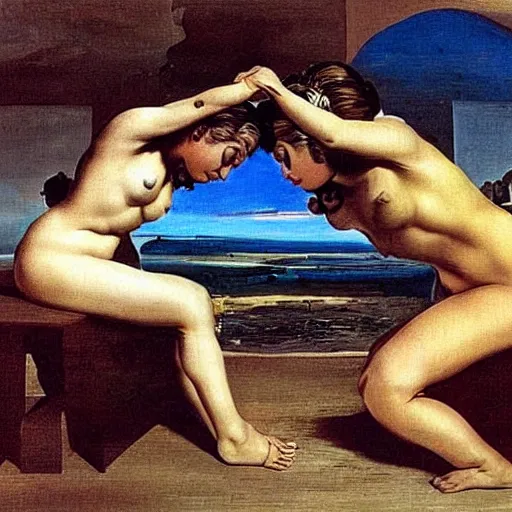 Prompt: two e - girls fighting on social media, by salvador dali,