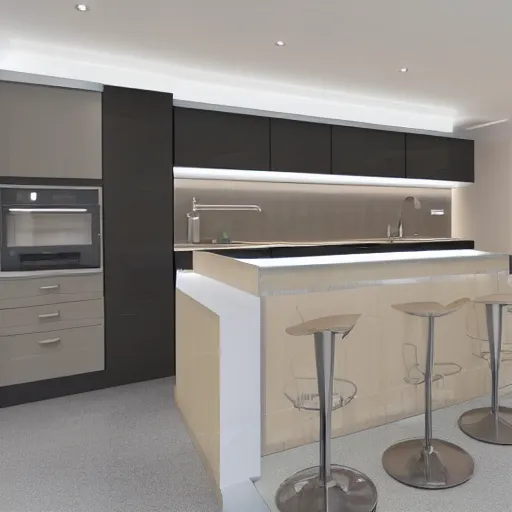 Image similar to modern kitchen with led strip lighting, homes and gardens, super detailed render, award winning