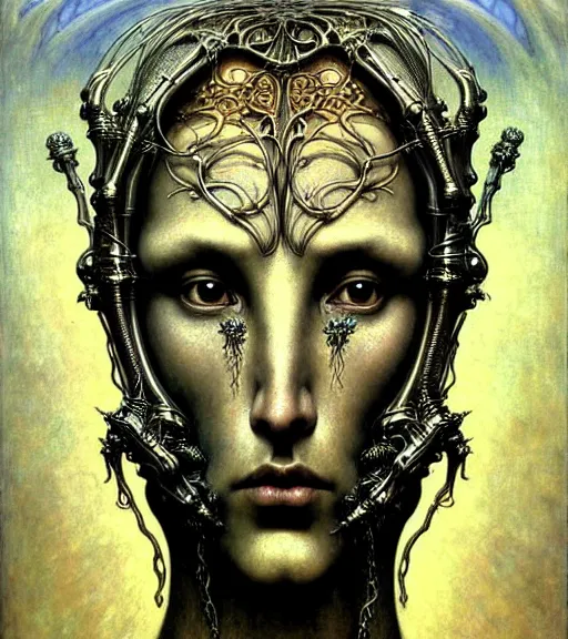 Image similar to detailed realistic beautiful young medieval alien robot grimez face portrait by jean delville, gustave dore and marco mazzoni, art nouveau, symbolist, visionary, gothic, pre - raphaelite. horizontal symmetry by zdzisław beksinski, iris van herpen, raymond swanland and alphonse mucha. highly detailed, hyper - real, beautiful, fractal baroque