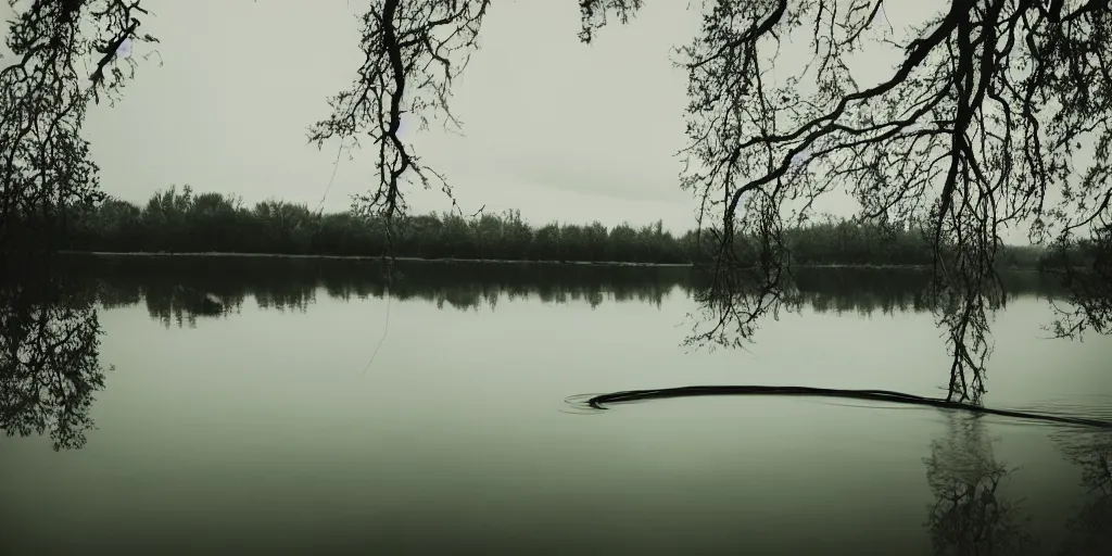 Image similar to symmetrical photograph of a very long rope on the surface of the water, the rope is snaking from the foreground stretching out towards the center of the lake, a dark lake on a cloudy day, trees in the background, moody scene, dreamy kodak color stock, anamorphic lens