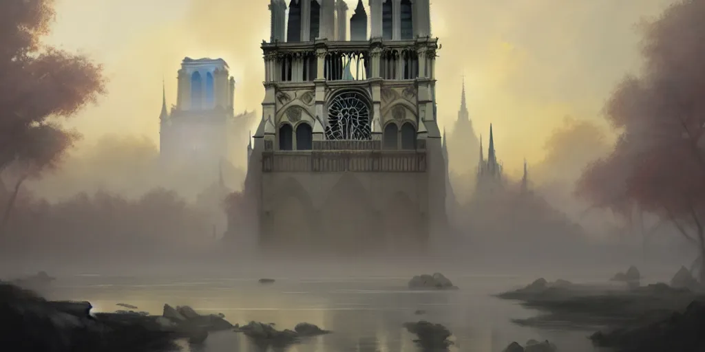 Image similar to notre dame, minimalistic design, pale colors, extremely detailed digital painting, in the style of fenghua zhong and ruan jia and jeremy lipking and peter mohrbacher, mystical colors, rim light, beautiful lighting, 8 k, stunning scene, raytracing, octane, trending on artstation