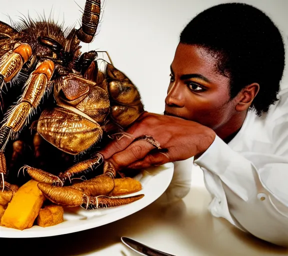 Prompt: michael jackson eating roast cockroach dish with fried spiders. highly detailed 8 k. intricate. nikon. award winning photography.