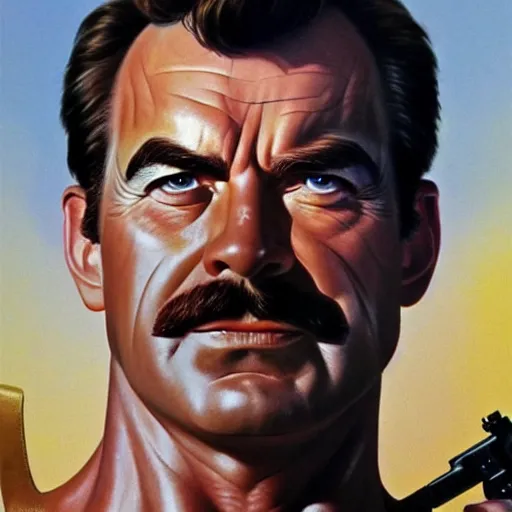 Prompt: ultra realistic portrait painting of tom selleck as the terminator, art by frank frazetta, 4 k, ultra realistic, highly detailed, epic lighting