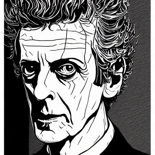 Prompt: Peter Capaldi with the intend to kill, artstation, concept art, sharp focus, illustration in pen an ink, extremely detailed, extremely complex, black and white, art by Masashi Tanaka