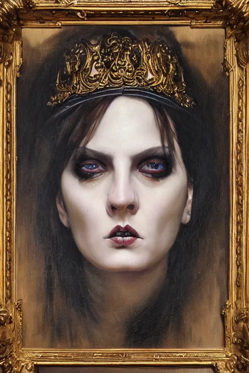 Image similar to hyper realistic painting portrait of punk queen, occult diagram, elaborate details, detailed face, intrincate ornaments, gold decoration, occult art, oil painting, art noveau, in the style of roberto ferri, gustav moreau, jean delville, bussiere, andrew gonzalez