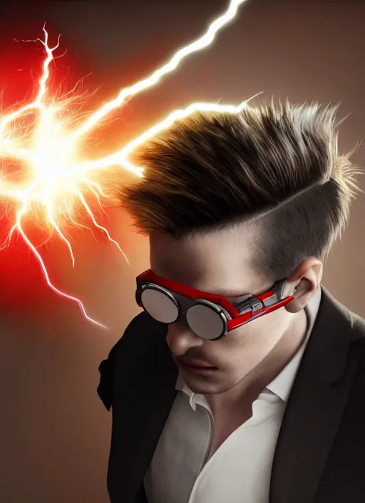 Image similar to photorealistic young man with red spiked long hair, using googles. Wearing black waistcoat, white shirt. dynamic lightning.