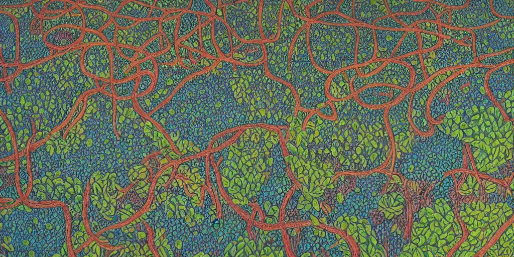 Prompt: intricately detailed colored pencil drawing of a massive vine maze in an enchanted forest at dusk, view from above