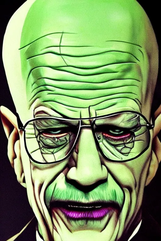 Prompt: walter white as the joker, green hair, photorealistic, highly detailed,