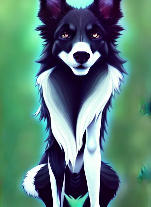 Image similar to wide angle beautiful full body portrait of a cute male bipedal anthro border collie fursona posing in front of a park, character design by charlie bowater, henry asencio, and ross tran, furry art, furaffinity, beautiful, glamor pose, detailed, aesthetic, trending on artstation