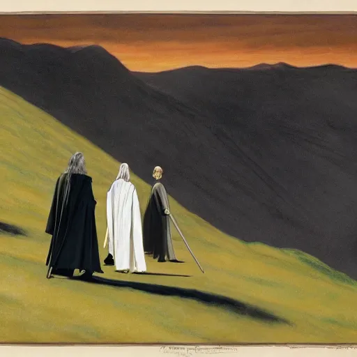 Prompt: the fellowship of the ring, gandalf, frodo, aragorn, legolas, by edward hopper