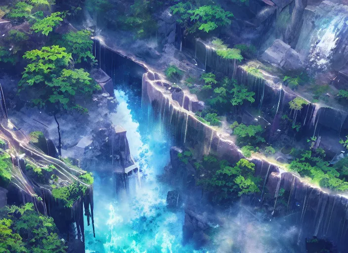 Prompt: an epic makoto shinkai landscape with a waterfall, aerial view, in the style of graffuturism and watercolor, octane render