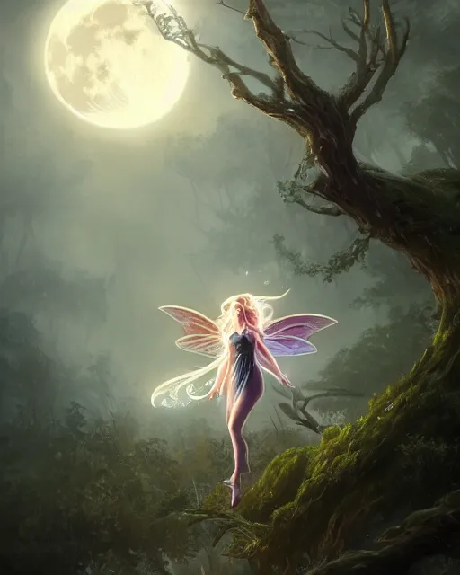 Image similar to attractive fairy goddness fly high in the night, d & d, fantasy, mist, full moon in background, trees, hyper detailed, art by artgerm and greg rutkowski and magali villeneuve, midium shot, 8 k realistic, cryengine, digital painting, trending on artstation, concept art, sharp focus, illustration,