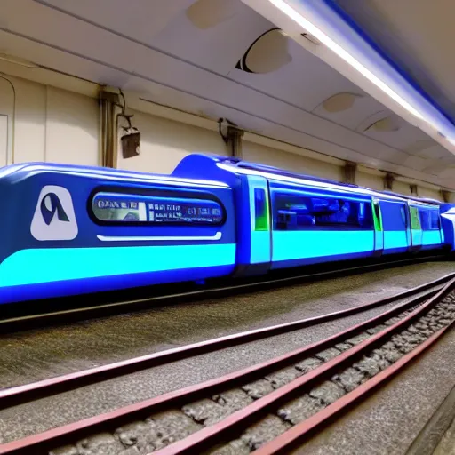 Prompt: a blue hexagonal metro train with blue neon light rails