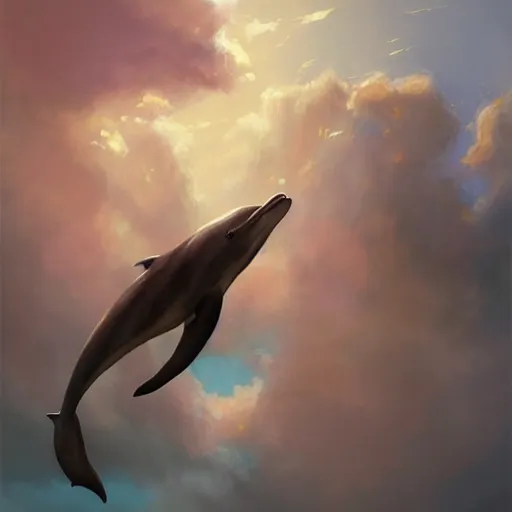 Image similar to a girl with long brown hair flying a dolphin through the sky and fluffy pink clouds, Greg Rutkowski, dynamic lighting, cheerful, award-winning oil painting,