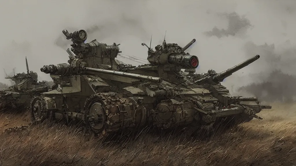 Prompt: closeup of m 7 7 7 howitzer artillery, watercolored, jakub rozalski, dark colours, dieselpunk, high quality, artstation