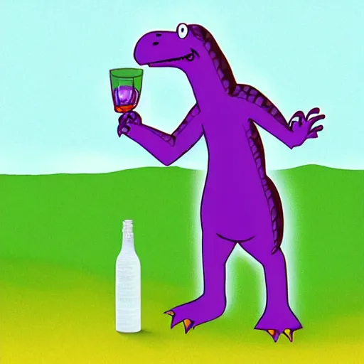 Prompt: fullbody!! barney the dinosaur from the kid's show holding a broken bottle, absurdist, hyperrealistic, digital art