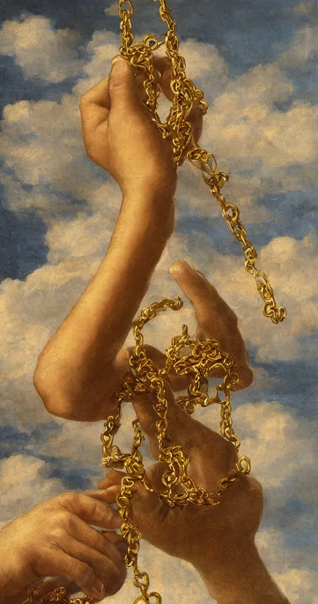 Prompt: a single hand holding a golden chain, renaissance style, realistic painting, detailed, clouds in background,