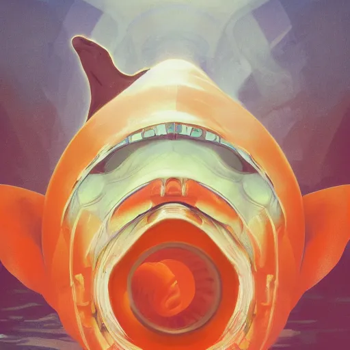 Image similar to half shark half orange and white traffic cone, wide shot, underwater background detailed atmospheric - ron cheng & alphonse mucha, highly detailed, digital painting, ray tracing, concept art, illustration, smooth sharp focus, intricate, symmetry, artstation,