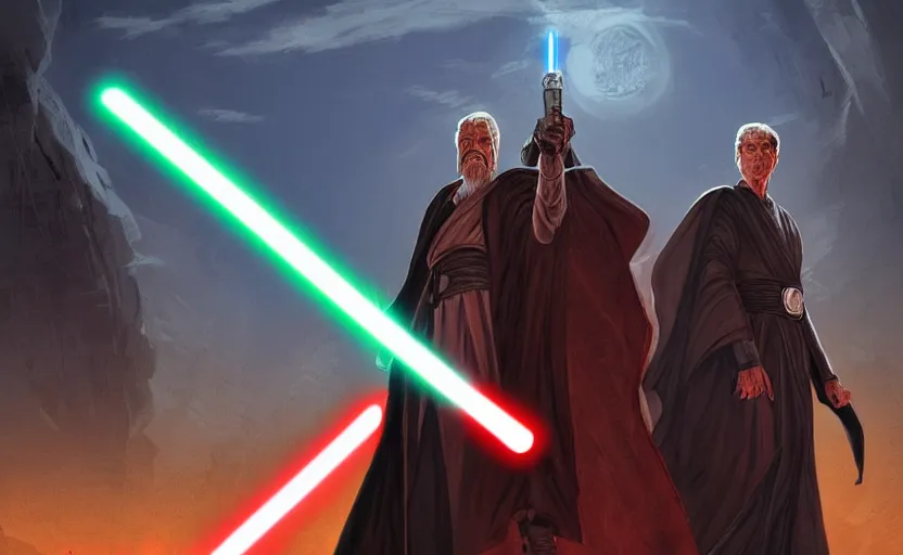 Prompt: epic portrait of a robed Jedi and Sith standing back to back, lightsabers in hand, ancient High Republic stone temple environment, high contrast, 8k clean fantasy comic book cover illustration