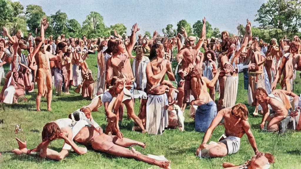 Image similar to A vintage scientific illustration from the 1970s of a Swedish cult performing a human sacrifice to the gods during the midsummer festival in Sweden in the summer on the meadows by Wes Anderson