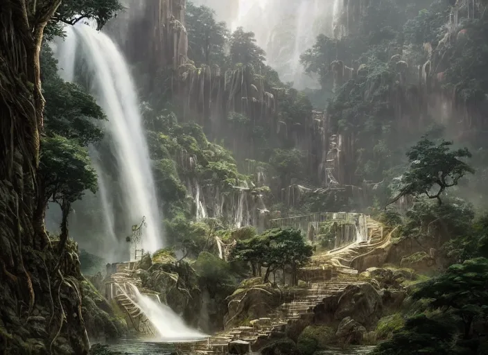 Image similar to A beautiful elven city made of ivory, waterfall, lush trees, fountain, built into the side of a cliff, a fantasy digital painting by Greg Rutkowski and James Gurney, trending on Artstation, highly detailed