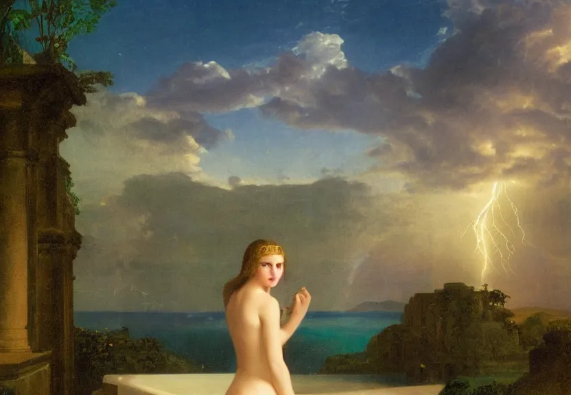 Image similar to Girl at the palace, refracted sparkles, thunderstorm, greek pool, beach and Tropical vegetation on the background major arcana sky, by paul delaroche, hyperrealistic 4k uhd, award-winning, very very very detailed