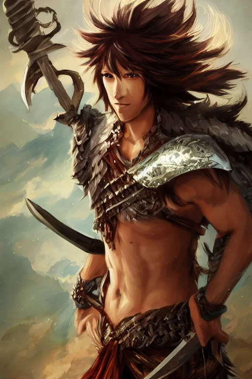 Image similar to A realistic anime portrait of a young handsome male barbarian with long wild hair, intricate fantasy spear, plated armor, D&D, dungeons and dragons, tabletop role playing game, rpg, jrpg, digital painting, by Stanley Artgerm Lau, Sakimichan, WLOP and Rossdraws, digtial painting, trending on ArtStation, SFW version