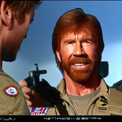 Prompt: chuck norris in top gun new generation movie scene, realistic, hdr, clear image, hdd, rtx on, dynamic lighting,