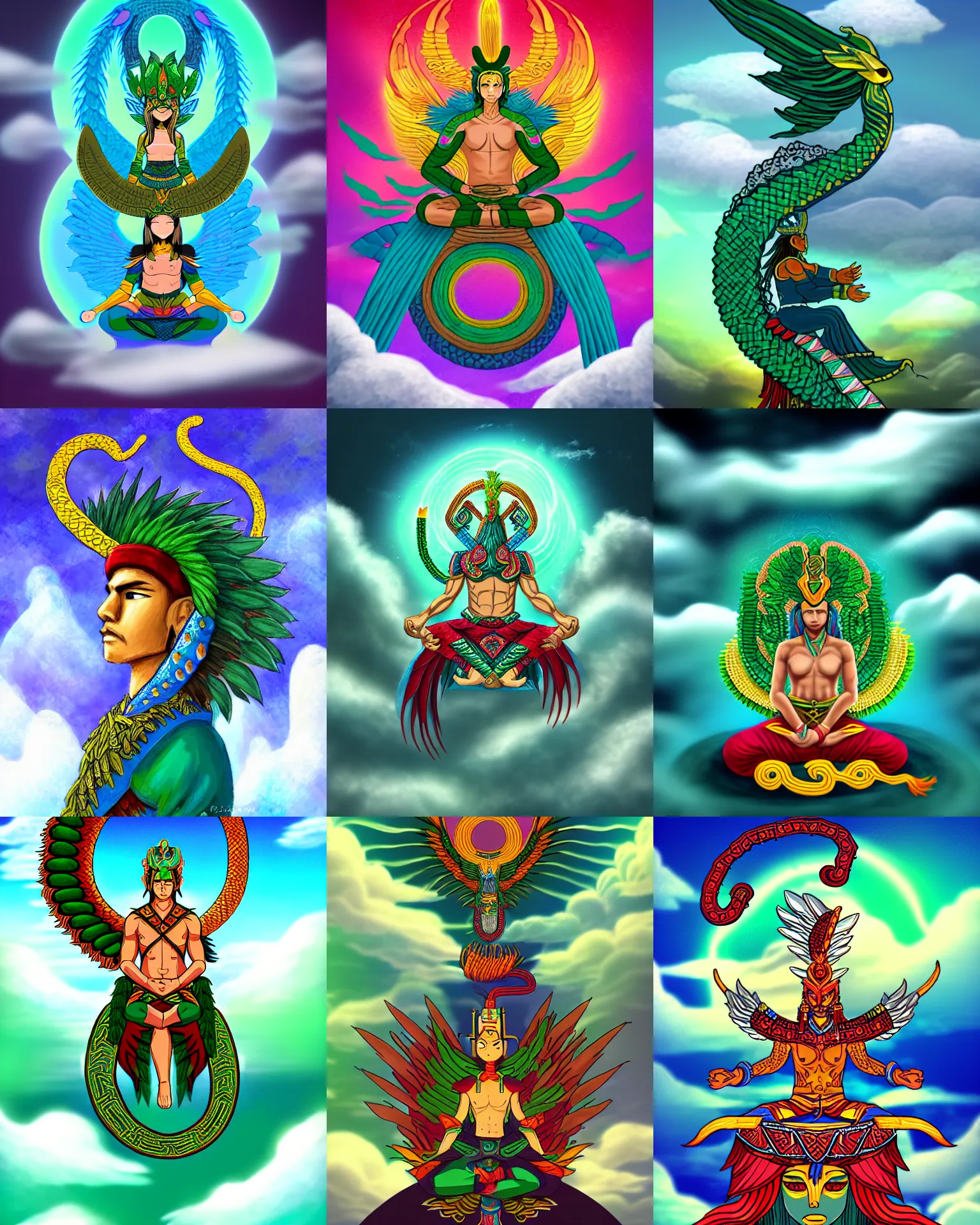 Prompt: warrior of quetzalcoatl meditating in the clouds, in the style of ross tran