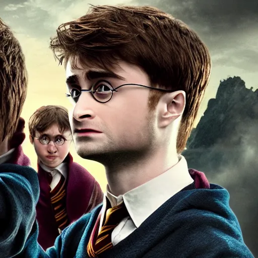Prompt: Daniel radcliffe as harry potter, epic wide shot, cinematic shading, widescreen, sharp image, warm colors, Blu-Ray, directed by Asher Duran