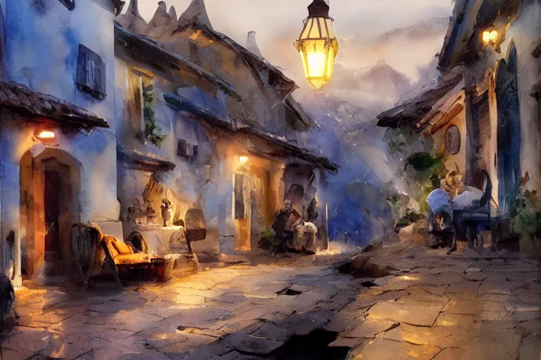 Image similar to paint brush strokes, abstract watercolor painting of rustic mediterranean village at nightfall, lantern, ambient lighting, art by hans dahl, by jesper ejsing, art by anders zorn, wonderful masterpiece by greg rutkowski, cinematic light, american romanticism by greg manchess, creation by tyler edlin