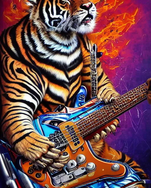 Image similar to a portrait of an anthropomorphic cyberpunk roaring tiger shredding an electric guitar as the guitar melts by sandra chevrier, by jon foster, detailed render, tape deck, epic composition, cybernetics, 4 k realistic, cryengine, realistic shaded lighting, sharp focus, masterpiece, by enki bilal